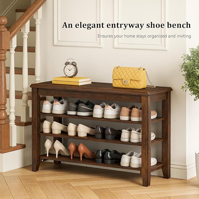 Taitiy Shoe Bench Storage Rubberwood, Entryway Bench with 3-Tiers Height Adjustable, Shoe Rack Front Door Entrance Organizer for Hallway Living Room, Mudrooms, Walnut,31.5"