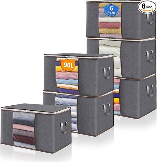 90L Clothes Blanket Storage Bags, 6 Pack Under Bed Storage Bins with Lids, Foldable Closet Organizer with Reinforced Handles for Clothing, Blanket, Comforters, Bed Sheets, Pillows and Toys, Gray