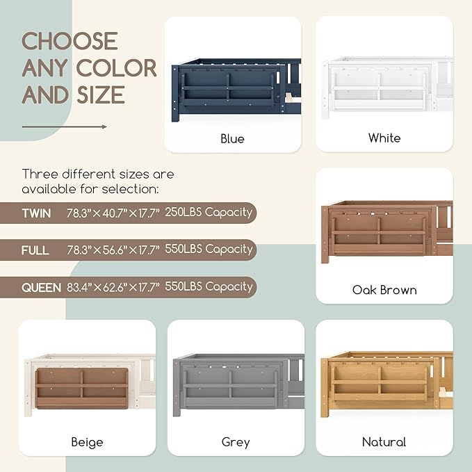 Bellemave Twin Floor Bed Frame with Fence & Bookshelf, Solid Pine Wood Twin Montessori Floor Bed with Slats Load 300LBS, Low Profile Floor Bed for Kids, Bedroom, Nursery, Easy Assembly, Beige
