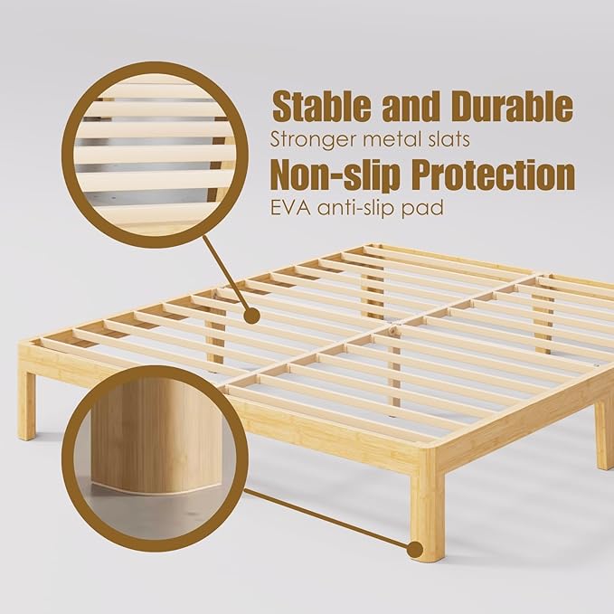 12 Inch High Bamboo Wood King Size Bed Frame Platform, Steel Slat Support King Bed Frame, No Box Spring Needed, Easy Assembly, Noise Free, Sturdy