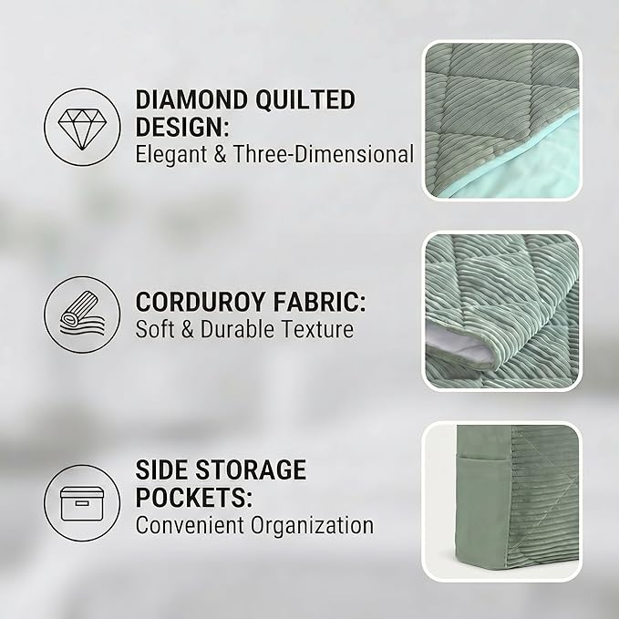 Corduroy Headboard Cover—Stretch-Quilted, Padded Dust-Proof Protective Cover (Fits Twin/Twin XL Beds), Machine-Washable Decorative Headboard Cover (Green, 47x27.5 inches)