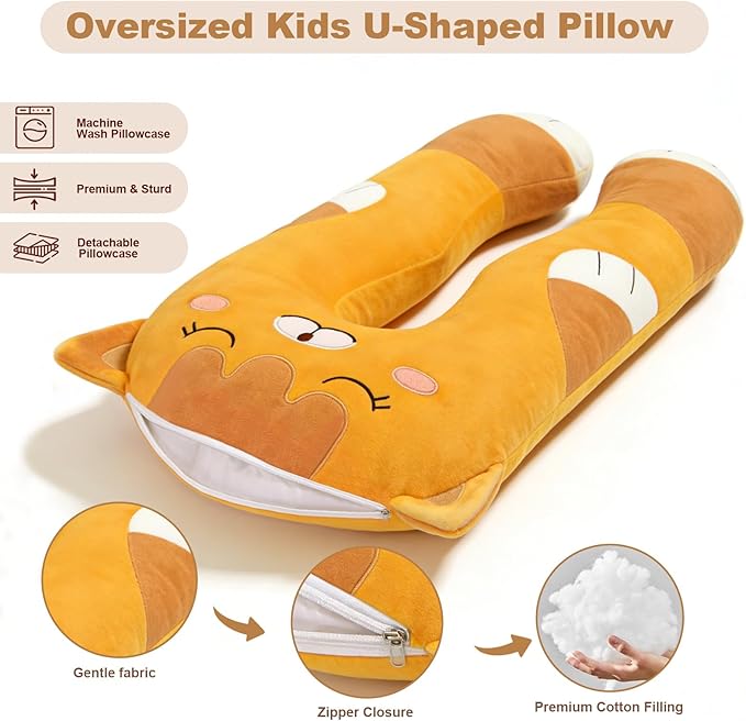 47x23 inch U Shaped Long Plush Body Pillows for Kids, Stuffed Animal Cat Soft Large Pillow for Sleeping, Big Cute Plushies, Washable Cover, Gift for Boys and Girls