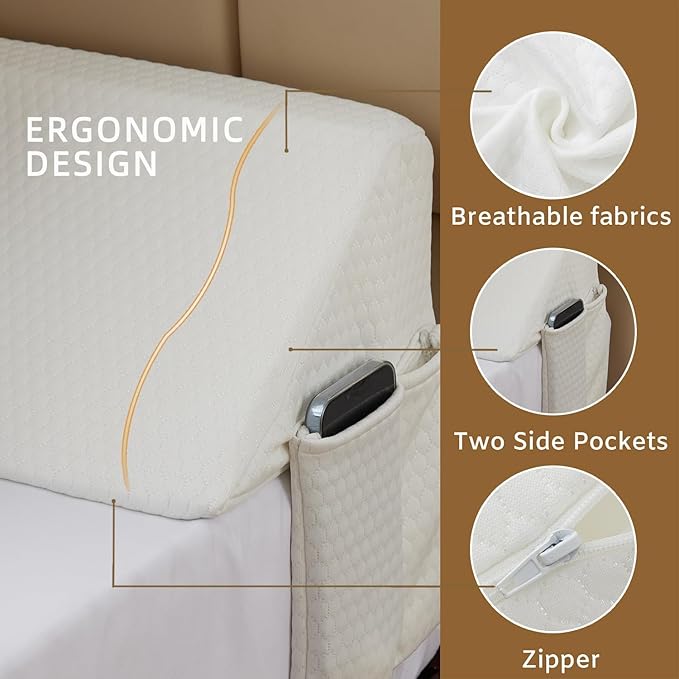 Bedluxe Queen Bed Wedge Pillow for Headboard, Wedge Pillow Headboard, Pillow Wedge for Headboard Gap, Bed Gap Filler- Fill The Gap (0-7") Between Headboard and Mattress (Air-Layer White, 60"x10"x6")