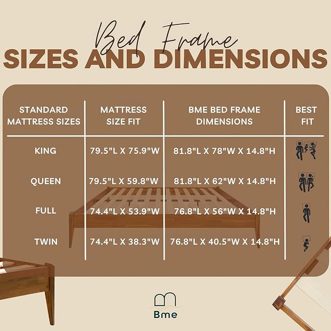 Bme Dinkee King Bed Frame Wood 15 Inch - Solid Wood Platform Bed Frame - Japanese Joinery Bed - Modern & Minimalist Style - Wood Slat Support - Easy Assembly - No Box Spring Needed - Caramel