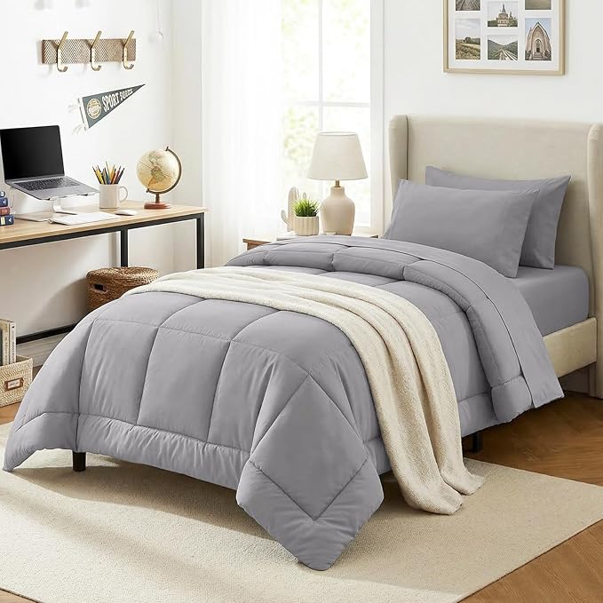 CozyLux Twin XL Comforter Set Grey, 5 Pieces Twin Extra Long Bed in a Bag for College Dorm, All Season Bedding Set with Stitch Quilted Comforter, Flat Sheet, Fitted Sheet, Pillowcases