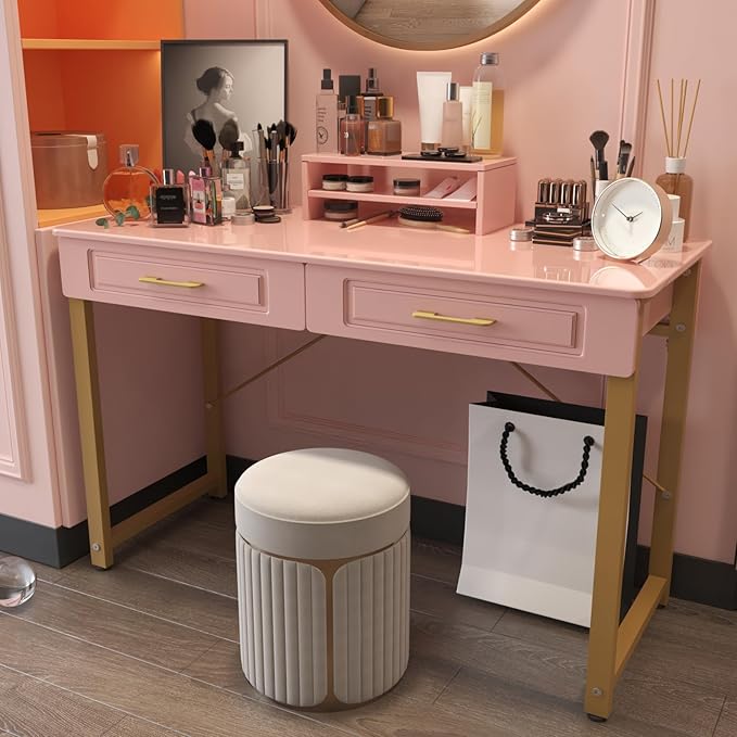 WESTREE Vanity Desk with 2 Drawers and Storage Shelf, Modern Makeup Table with Glossy Desktop, Gold Metal Frame Writing Desk for Bedroom or Home Office, No Mirror
