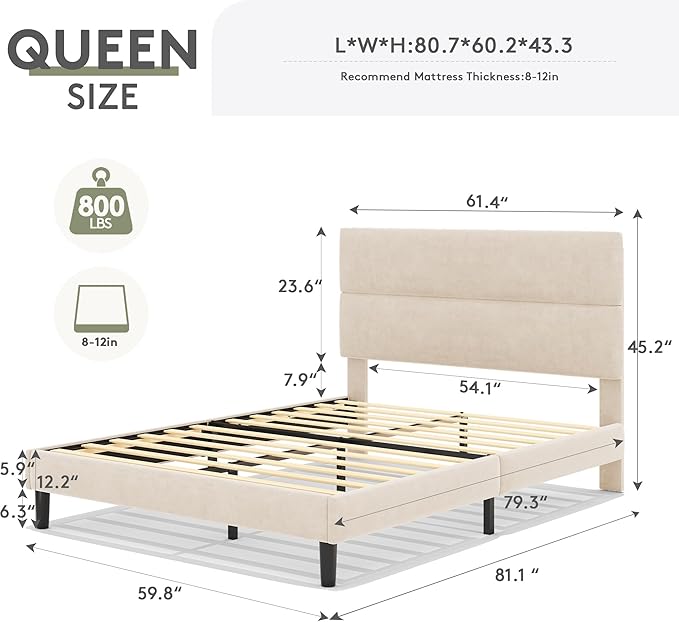 GRUSIGN Queen Size Platform Bed Frame with Velvet Headboard, Adjustable Height Wooden Slats Support, Upholstered Mattress Foundation, Fits Mattress or Mattress with Box Spring, Easy Assembly, Beige
