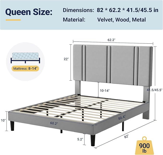 Allewie Queen Platform Bed Frame with Adjustable Headboard, Plush Velvet Upholstered, Vertical Channel Tufted, Sturdy Wooden Slats, No Box Spring Needed, Easy Assembly, Grey