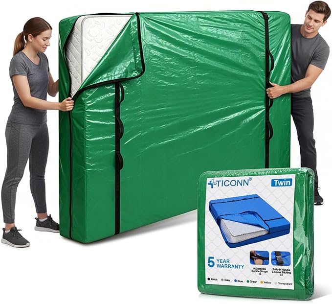 TICONN Mattress Bags for Moving, Heavy Duty Twin Mattress Cover Storage Bag with Full-Around Handle and Adjustable Buckles (Green, Twin)