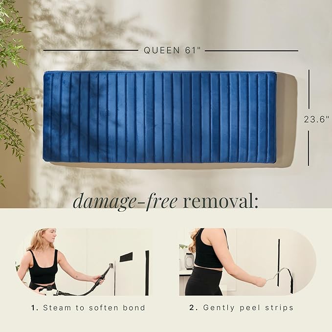 Hearth & Harbor Queen Headboard Only, Floating Wall Mounted Headboard Queen Size, Easy Assemble Upholstered Peel and Stick Headboards, 3D Soundproof Bed Wall Panels, Velvet Stick on Headboards, Navy