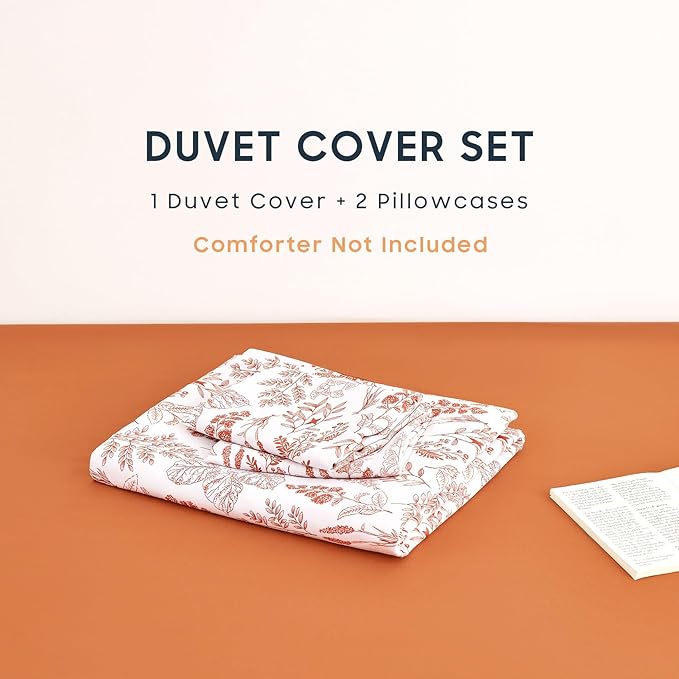 Wake In Cloud - Floral Duvet Cover Set, Botanical Vintage Flower Coquette Cottagecore Aesthetic for Women Teen Girls, Soft Lightweight Bedding, 3-Piece, Terracotta, Full Size