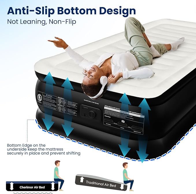 CHERIMOR Twin XL Air Mattress with Built in Pump, Upgraded 80" Extra Long Twin Size Air Mattress, Multi-Layer Leakproof & Support 500 lbs, 2-Min Fast Inflation, Blow Up Bed for Home Camping Guests