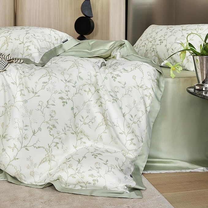 VM VOUGEMARKET Eucalyptus Lyocell Duvet Cover with 2 Pillow Shams,Vintage Garden Flower Bedding Set,Silky Soft, Cool-to-The-Touch Comforter Cover for Summer-King,Mint Green