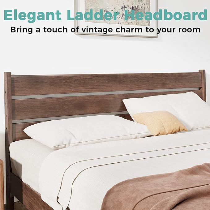 Queen Size Bed Frame, Malaysian Oak Bed Frame with Ladder Headboard, Solid Wood Bed Frames with Elevated Bed Legs, No Box Spring Needed, Noise-Free, Queen Size, Antique Espresso