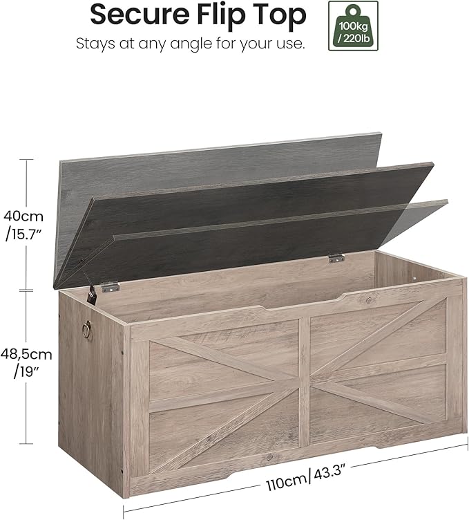 CHOEZON Storage Chest, 43.3" Wooden Storage Trunk, Retro Storage Bench with Safety Hinge, Toy Box, Farmhouse Style, for Bedroom, Living Room, Charcoal Gray and Greige MCW11HC