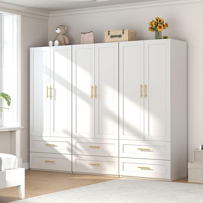 White Wardrobe with 2 Doors: 75" Tall Armoire Wardrobe Closet with 2 Drawers, Bedroom Closet Cabinet for Hanging Clothes, Wooden Storage Armoire with Shelves (Contemporary, 3)