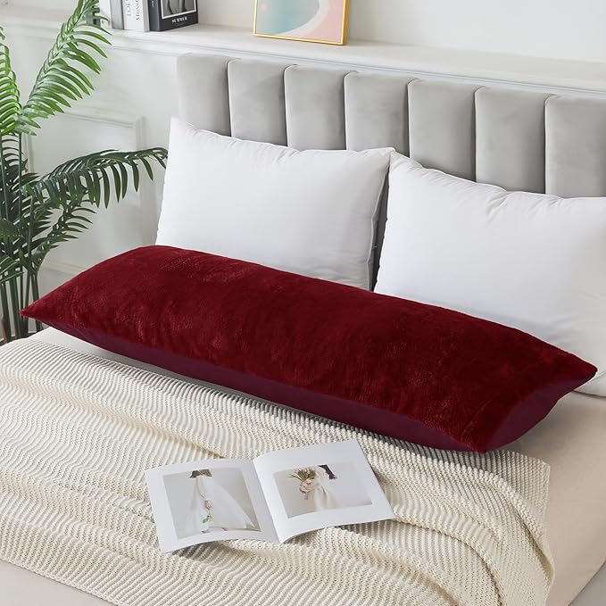Whatsbedding Sherpa Body Pillow Cover, Ultra Soft Faux Fur Body Pillowcase, Luxury Shaggy Plush Long Pillowcase, Envelope Closure - Burgundy Red (20x54 inch)