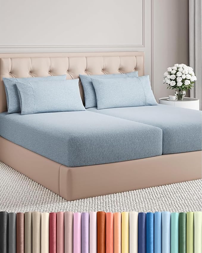 Split King 7 Piece Sheet Set - Comfy, Breathable & Cooling - Hotel Luxury Bedding for Women, Men, Kids, Teens and Children - 1 Flat & 2 Fitted Sheets & 4 Pillowcases w/ Deep Pockets - Heathered Blue