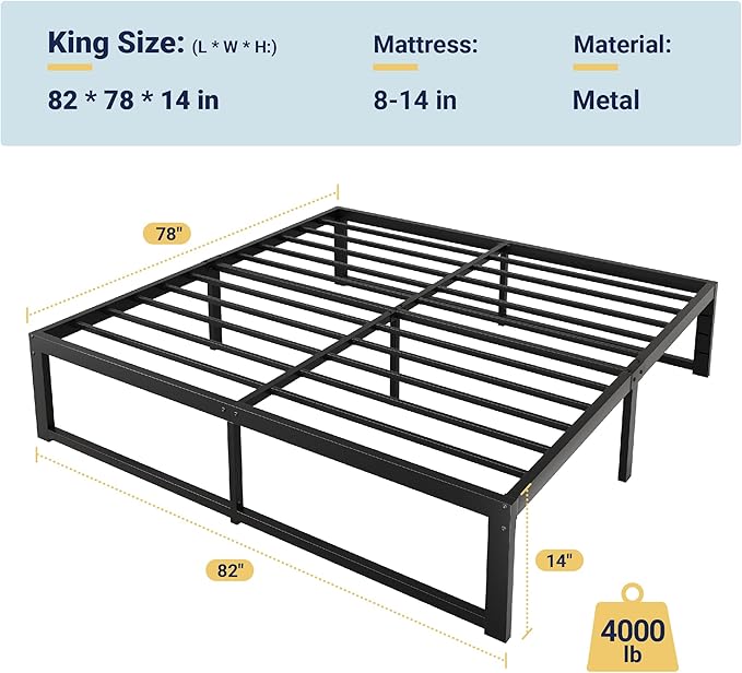 Allewie King Size Bed Frame, 14 Inch Metal Platform Bed Frame with 4000LBS Heavy Duty Steel Slats Support, Noise Free, Easy Assembly, No Box Spring Needed, Black