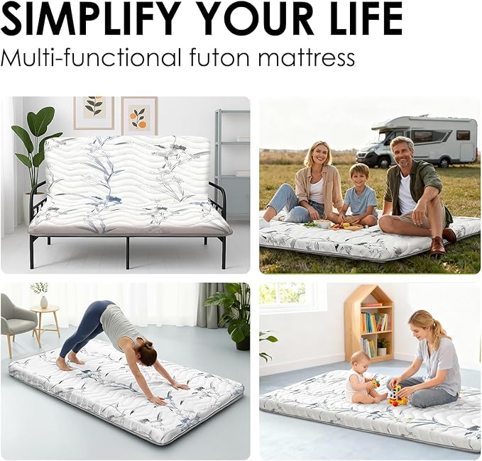 SCHNAUZER HOME Japanese Floor Mattress, 3.5" Thicken Ink Wash Floral Pattern Portable Futon Mattress, 100% High-Density Foam Tatami Mat Sleeping Pad for Camping Guest Room Dormitory RV, White, Full