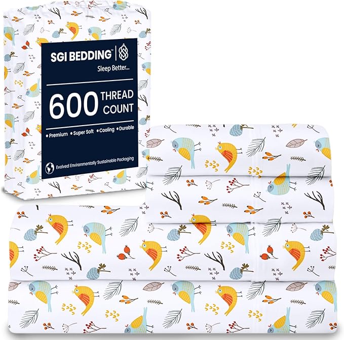 SGI bedding RV Short Queen Sheet Set 60x75, 600 TC Egyptian Cotton, 4 Piece Luxury Hotel Collection, Ultra Soft & Breathable, Fits RV Mattress Camper & Trailer, 15 Inch Pocket, Spring Bird