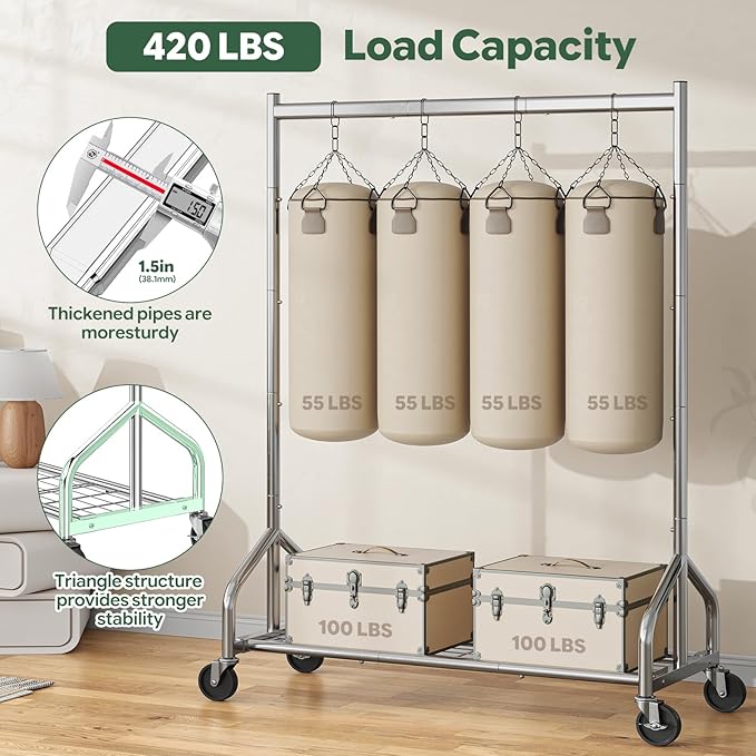 Simple Trending Heavy Duty Clothes Rack Load 420 LBS, Rolling Clothing Racks for Hanging Clothes, Metal Garment Rack with Wheels, Bedroom, Laundry Room, Silver