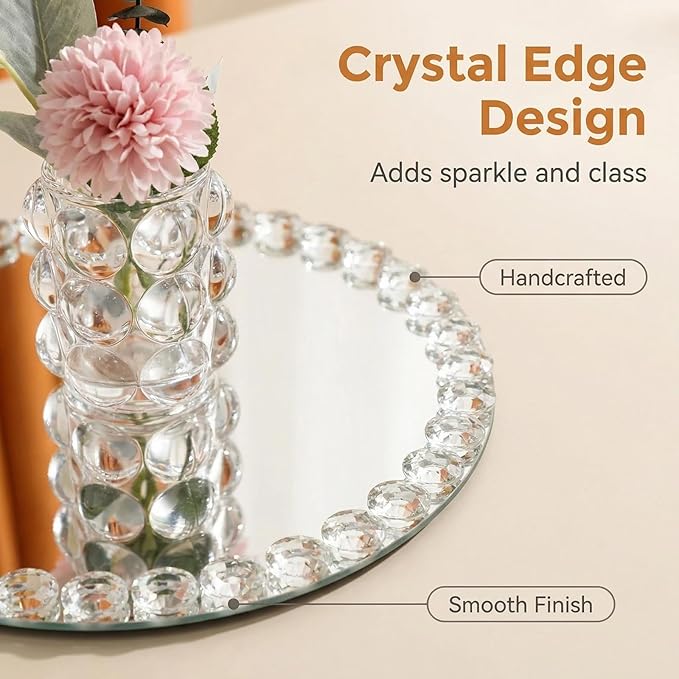 Round 12-Inch Crystal Bead Mirror Tray – Vanity Organizer, Perfume & Jewelry Display, Decorative Silver Tray for Bathroom, Dresser, Coffee Table, Living Room, Office & Hotel Banquet