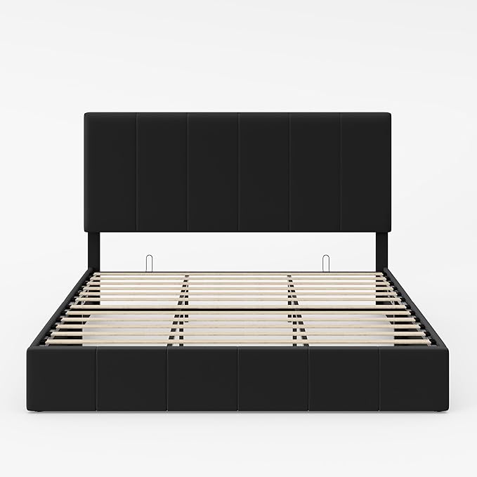 Allewie King Size Velvet Lift Up Storage Bed Frame, Vertical Channel Tufted Headboard, Hydrualic Underneath Storage, Upholstered Platform Bed, Wooden Slats Support, No Box Spring Needed, Black