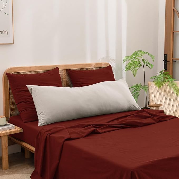 BESTOUCH 100% Washed Cotton Pillowcase for Hair and Skin Linen Feel Soft Comfortable Breathable 2 Set Pillow Case with Envelope Closure Solid Fired Brick Red Euro 26x26 Inches