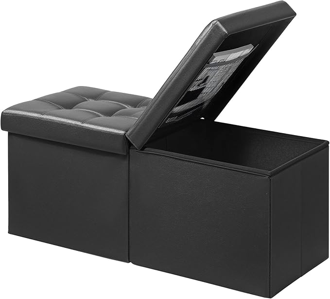 AmasSmile Footrest Ottoman Bench with Storage,34Inch Black Leather Footstool, Coffee Table, Padded Seat, Storage Chest,Blanket Store with Flipping Lid for Livingroom and Bedroom