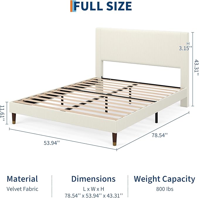 GarveeHome Full Size Bed Frame with Upholstered Headboard and Strong Wooden Slats Support, Soft Corduroy Fabric Platform Bed, No Boxing Spring Needed, Easy Assembly, Beige