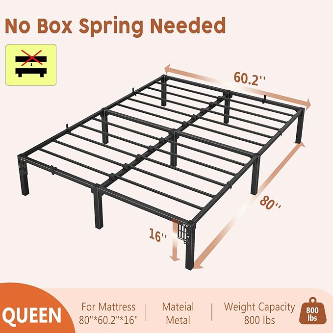 16 Inch Queen Metal Bed Frame, Heavy Duty Metal Platform Bed Frame with Reinforced Slats Support, 800 Lbs Load Capacity, Noise Free, No Box Spring Needed and Screws , Tool-Free Assembly Bed Frame