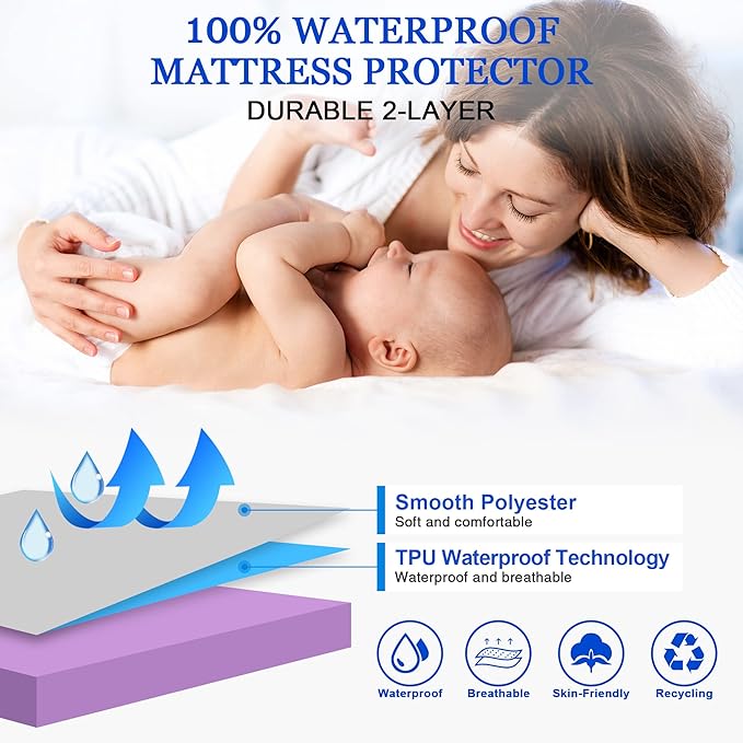 Sufdari Mattress Protector,Waterproof Mattress Cover Queen,18" Deep Pocket Mattress Protector,Fitted Sheet Style with Elastic Rubber Band,Washable and Easy Care-Purple,Queen