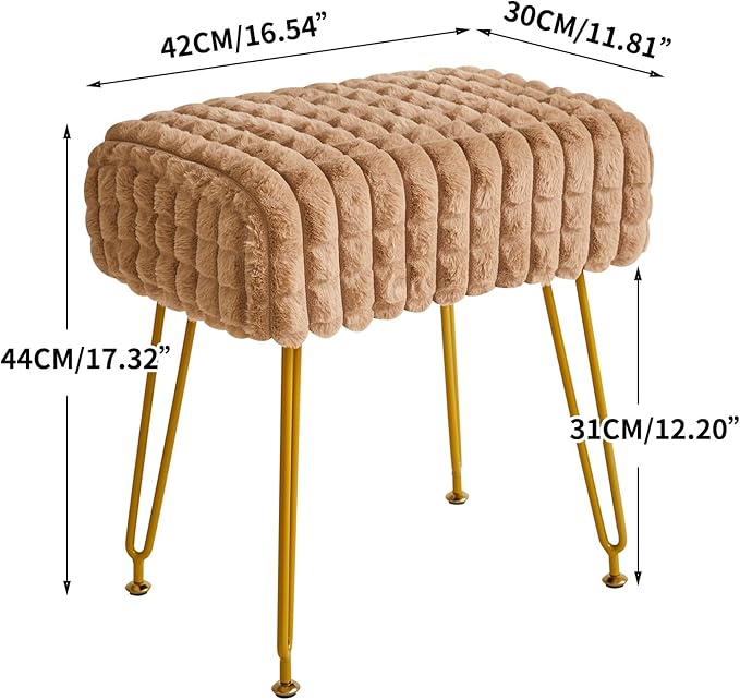 IBUYKE Rectangular Footrest Stool Ottoman, Makeup Vanity Stool Side Table, Velvet Dressing Table Seat, Footstool Chair, Golden Steel Legs, for Makeup Room, Bedroom, Square Grid Pattern, Khaki WBD003K
