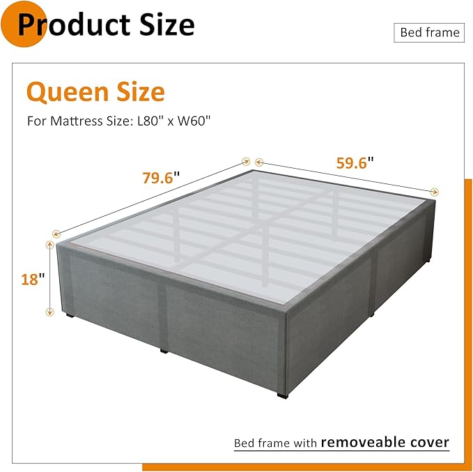 Maenizi Queen Bed Frame with Fabric Cover 18 Inch, Heavy Duty Metal Bed Frame Queen Size, No Box Spring Needed, Support Up to 3000 lbs, Easy Assembly, Noise Free, Black