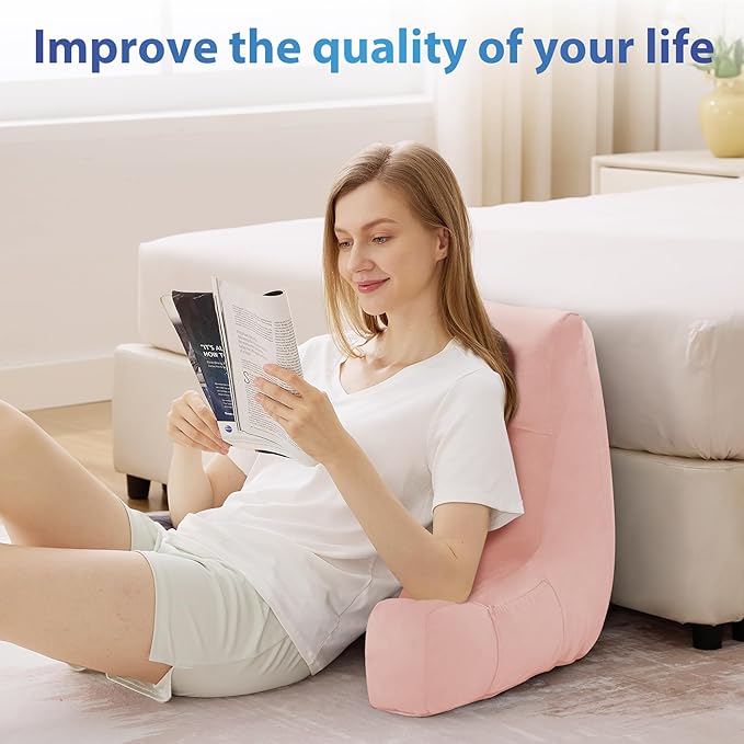 IPYNBAP Back Pillow for Bed Sitting up, Reading Pillow for Sitting in Bed Adult, Back Support Pillow, Memory Foam Sit up Lounge Backrest Pillow with Arms for TV, Couch, Chair, Dorm, 18 Inch, Pink