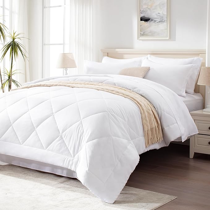 Love's cabin California King Comforter Set White, 7 Pieces California King Bed in a Bag, All Season Bedding Sets with 1 Comforter, 1 Flat Sheet, 1 Fitted Sheet, 2 Pillowcase and 2 Pillow Sham | Soft, Breathable, Lightweight, Comfortable