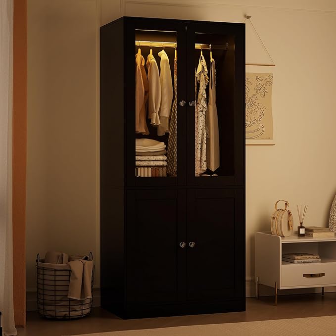 VOWNER 75" Tall Armoire Wardrobe Closet with Drawers & Lights, Clothing Storage Cabinet with 2 Glass Doors & Hanging Rod, Wooden Armoire Storage Cabinet for Bedroom (Black, 75''H)