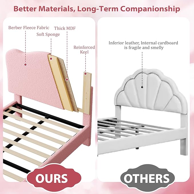 GarveeHome Upholstered Full Size Bed Frame for Kids with Scallop Headboard, Cute Velvet Full Bed for Girls, Boys, Sturdy Platform Bed, No Box Spring Needed, Wooden Slats, Noise Free, Pink