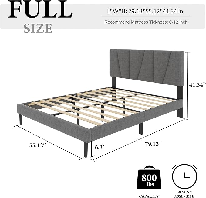 HAOARA Full Size Bed Frame with Fabric Upholstered Headboard, Platform Bed with Wooden Slats Support, Fully Mattress Foundation, Box Spring Optional, Easy Assembly