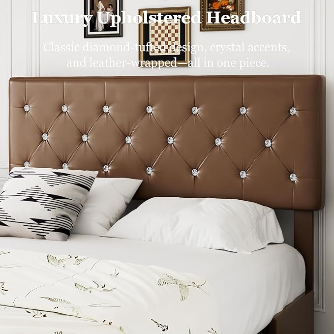 VECELO Queen Size Bed Frame with 3 Storage Drawers, Leather Upholstered with Diamond Tufted Headboard, Solid Wood Slat Support & Steel Framework, PU & Brown
