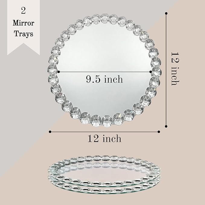 2-Pack Round Mirror Tray 12 Inch, Crystal Bead Vanity Tray, Mirrored Perfume Organizer Jewelry Display, Decorative Tray for Bathroom Dresser Coffee Table Hotel Banquet, Silver Home Decor
