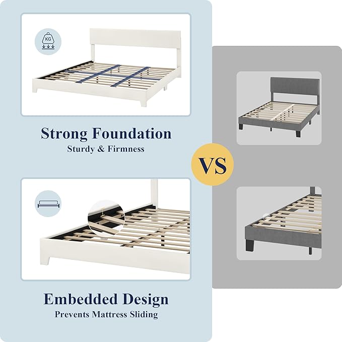Allewie King Size Bed Frame with Adjustable Headboard, Faux Leather Platform Bed with Wood Slats, Heavy Duty Mattress Foundation, No Box Spring Needed, Noise-Free, Easy Assembly, White