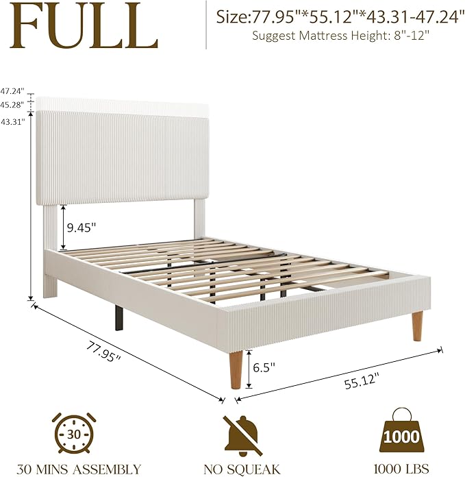 Full Size Bed Frame, Upholstered Platform Bed with Adjustable Headboard, Vertical Fluted Tufted, Soft Corduroy Fabric, Wooden Slats Support, No Box Spring Needed, Easy Assembly, Brown
