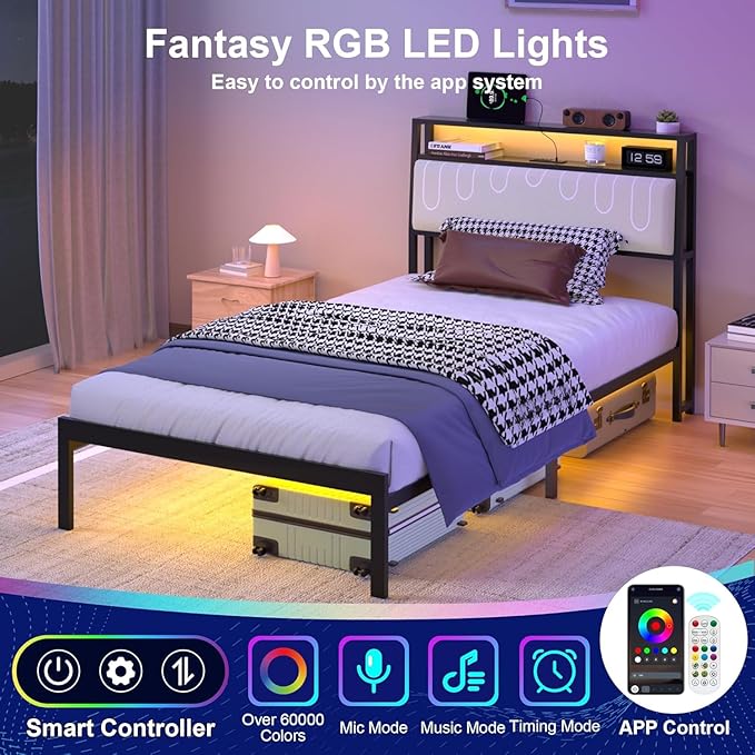 J.Fkne Twin Bed Frames with LED Lights & Charging Station, Metal Platform Frame with Upholstered Headboard, No Box Spring Needed, Noise Free, Easy Assembly