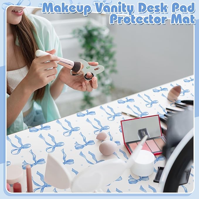 Teenyyou Coquette Bow Makeup Mat for Vanity Top Protector Graduation Gift Dual Side Leather Desk Mouse Pad Girly Waterproof Nonstick Dressing Accessories for Women Home Office(Blue,15.7"x31.5")