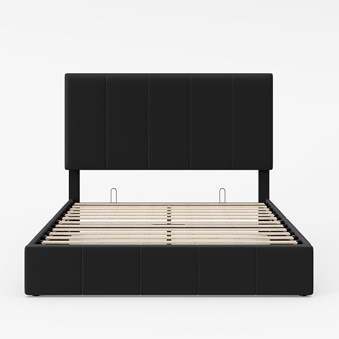 Allewie Full Size Velvet Lift Up Storage Bed Frame, Vertical Channel Tufted Headboard, Hydrualic Underneath Storage, Upholstered Platform Bed, Wooden Slats Support, No Box Spring Needed, Black