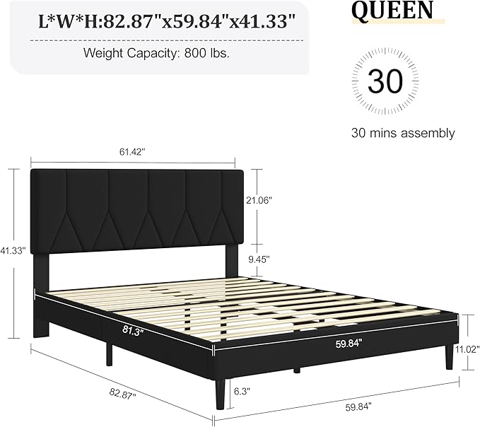 Queen Bed Frame, Padded Platform Bed Frame with Velvet Headboard, Vertical Quilted Design, Sturdy Slatted Mattress Base, No Spring Mattress Required, Easy to Assemble, Black