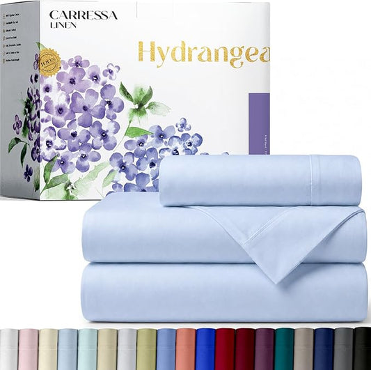 Carressa Linen 100% Egyptian Cotton Twin Sheets Set - 600 Series Hydrangeas Collection Egyptian Cotton Luxury Twin Sheets (3 PC, Light Blue), 16" Deep Pocket, Soft, Cooling, Sateen Weave Bedding
