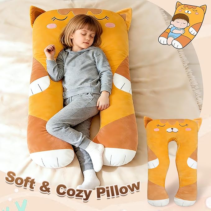47x23 inch U Shaped Long Plush Body Pillows for Kids, Stuffed Animal Cat Soft Large Pillow for Sleeping, Big Cute Plushies, Washable Cover, Gift for Boys and Girls